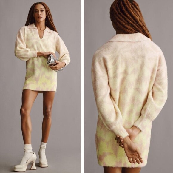 NEW Anthropologie Long-Sleeve V-Neck Sweater Mini Dress Oversized Preppy Relaxed - Picture 1 of 10